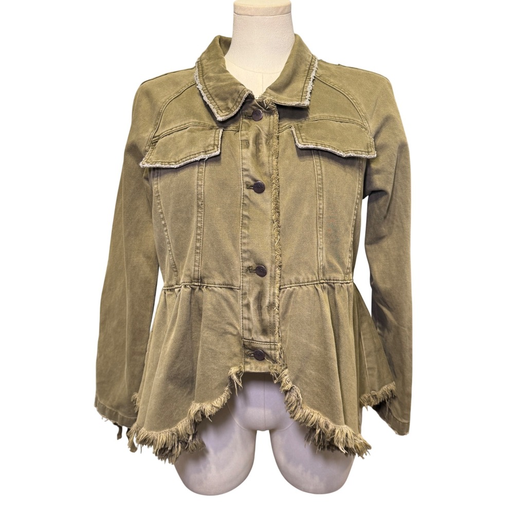 Free People Olive Green Peplum Military Denim Jacket Lace Up Sleeve Frayed Hem - Picture 1 of 10